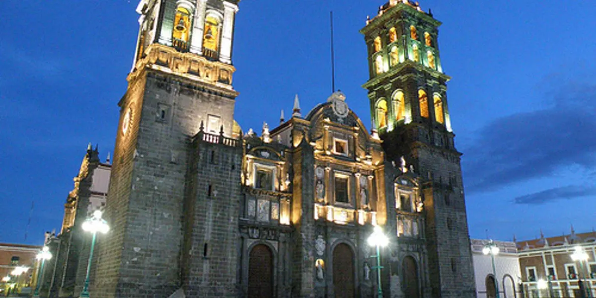 Illuminated cathedral towers in Puebla