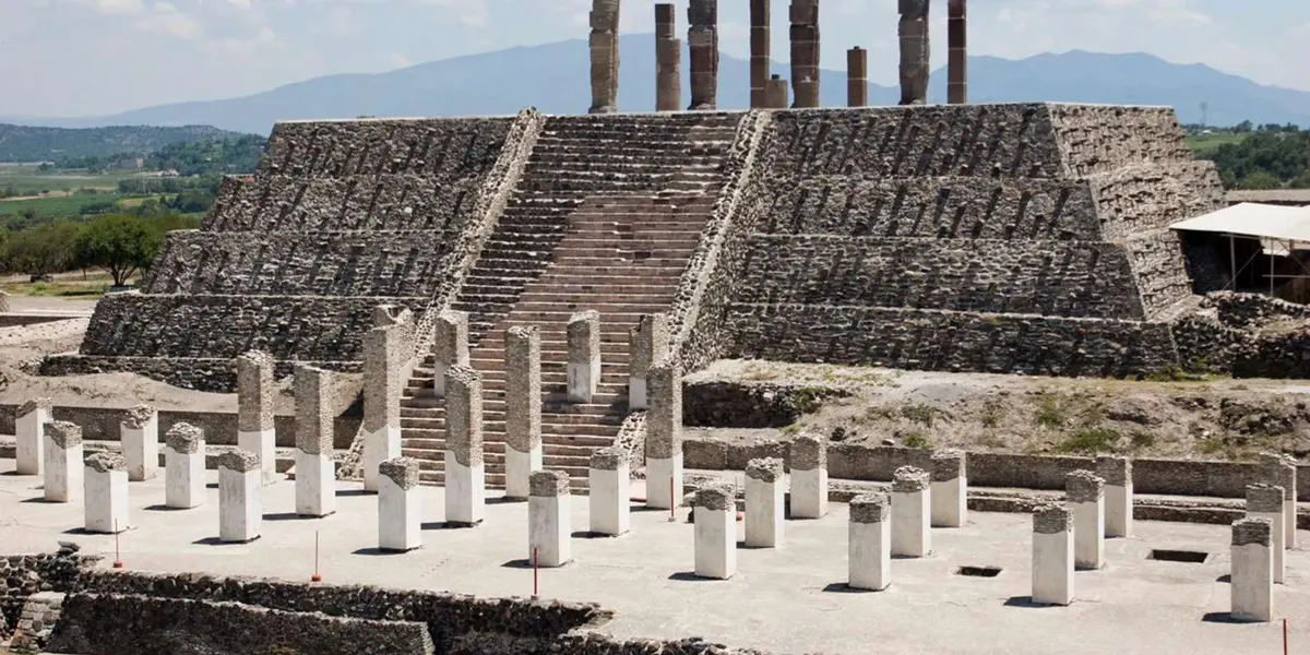 Tula pyramid with warrior figures and columns in the foreground