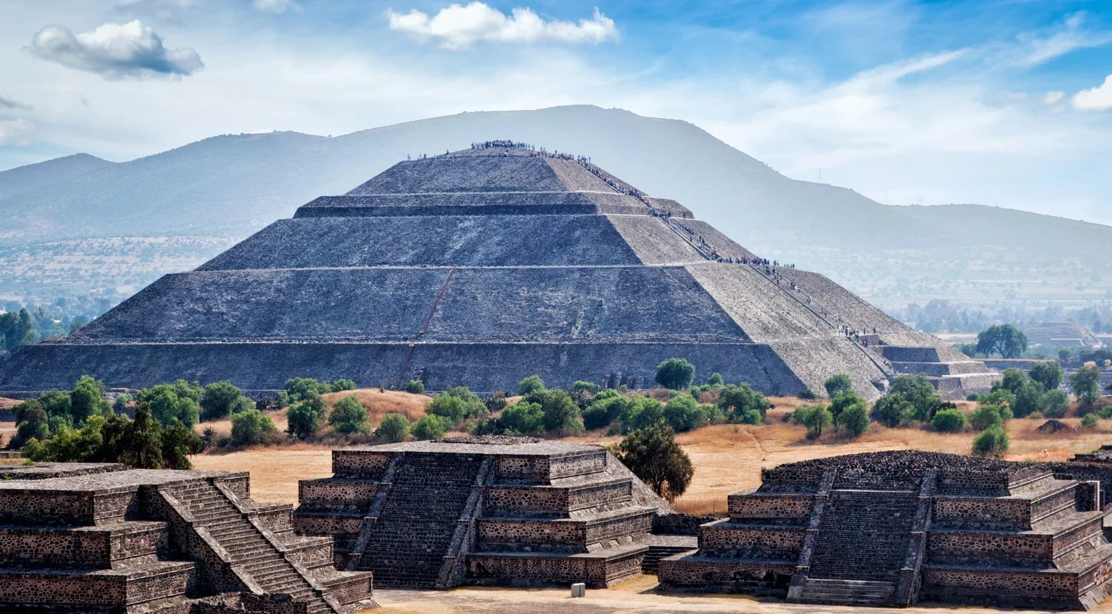Pyramid of the Sun with mountain backdrop