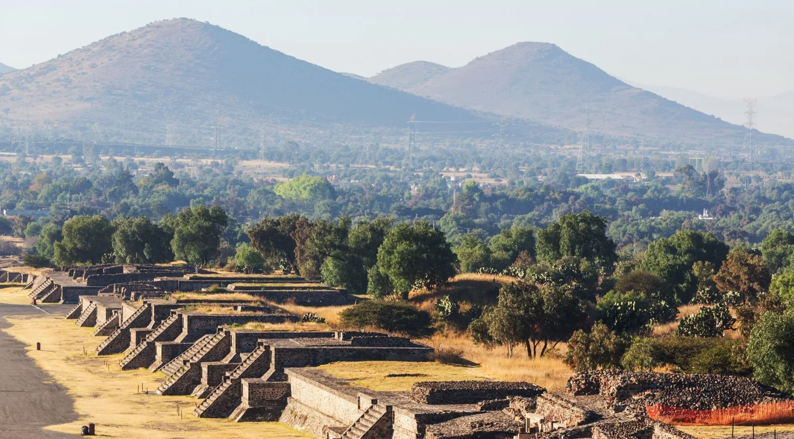 Stone platforms and valley scenery at Teotihuacán
